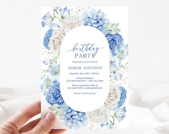 Blue Floral Birthday Party Invitation, Boho Chic Woman's Birthday Invite, Cottage Floral Party Invite, DIY Editable Template 203