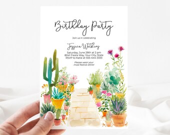 Cactus Birthday Party Invitation, Mexican Garden Party Invite, Succulent Birthday Invite, Potted Plants, DIY Editable Template 447