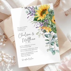 Invitación de boda con girasoles y lavanda, invitación de boda estilo bohemio, flores de verano, flores rústicas, plantilla editable DIY 148