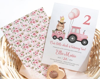 Barnyard Animals 2nd Birthday Party Invitation, Little Chick Is Turning Two, Second Birthday, Girl Farm Birthday, DIY Editable Template 302