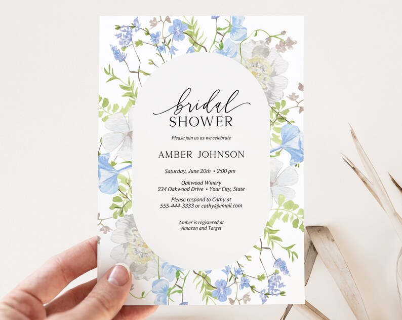 French Country Bridal Shower Invitation Blue Floral Bridal Brunch Invite Cottage Floral Wildflowers DIY Editable Template 142