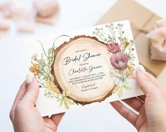 Rustic Wildflower Bridal Shower Invitation, Wood Slice Bridal Brunch Invite, Meadow Flowers, Field Flowers, Mauve Pink DIY Editable Template