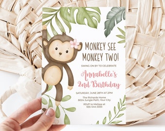May include: A birthday invitation featuring a cartoon monkey hanging from a vine, with the text "Monkey See Monkey Two!" and "Annabelle's 2nd Birthday." The design includes tropical leaves and a pink flower.