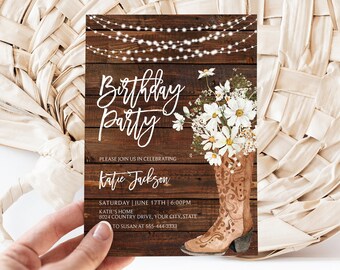 Daisy Cowgirl Boot Birthday Party Invitation, Rustic Country Birthday Invite, Western Birthday Invite, String Lights, Corjl Template 265