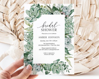 Succulent Bridal Shower Invitation, Boho Chic Bridal Brunch Invite, Wedding Shower, Botanical, Greenery, DIY Editable Template 260