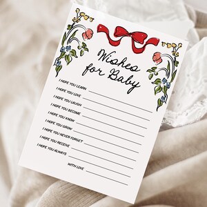 Wunderliche Wünsche für Baby Karte, sofortiger Download, Wildblumen Baby wünscht Karte, rote kokette Schleife-Baby-Dusche-Spiel, Dusche Aktivität 245