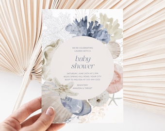 Coastal Baby Shower Invitation, Boho Beach Baby Brunch Invite, Blue and Tan Seashells, Coral, Shells, DIY Editable Template 205