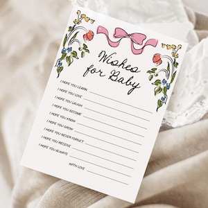 Tarjeta de deseos caprichosos para bebé, descarga instantánea, tarjeta de deseos de bebé con flores silvestres, juego de baby shower con lazo rosa, actividad para baby shower 245