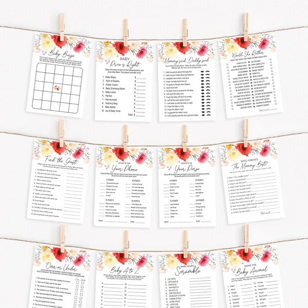 Poppy Baby Shower Game Bundle, Set of 12 Games, Summer Floral Baby Shower Games, Garden Blooms, Cottage Floral, DIY Editable Template 294