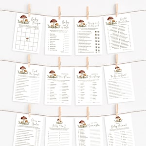 Mushroom Baby Shower Game Bundle, Set of 12 Games, Woodland Baby Shower Games, Forest Plant, Fungi, Burgundy Gold, DIY Editable Template 200