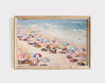 Vintage Beach Print, Retro Coastal Printable Art, Beach Umbrellas Oil Painting, Abstract Coastal Painting, Girly Apartment Decor, Dorm Art