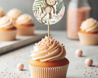 Girl Monkey Cupcake Toppers, Instant Download, Jungle Animal Birthday Party Favor Tags, Favor Labels, Favor Stickers Monkey Party Decor 133
