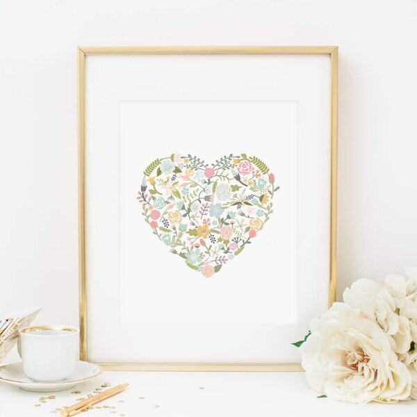 Floral Heart Printable Nursery Heart Print Aqua and Pink Nursery Decor Floral Nursery Wall Art Pink Floral Nursery Blush Floral Heart Decor