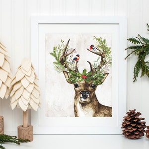 Woodland Deer Printable, Christmas Deer Wall Art, Christmas Decoration, Holiday Decor Christmas Decor Winter Decor Deer Prints Holly Berries