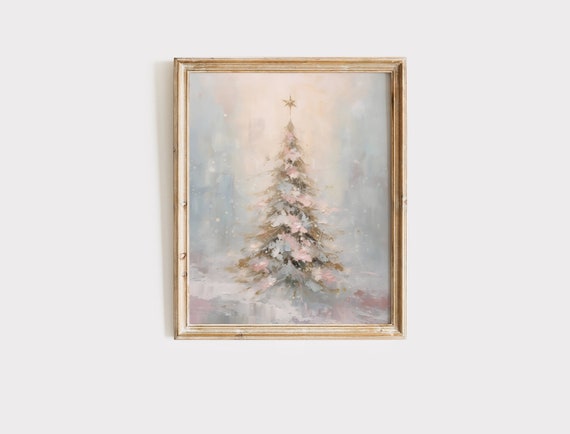 パステルカラーのクリスマスツリーの絵画、ピンクの冬の風景のアート