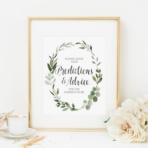 Letrero con texto en inglés "Deje aquí sus predicciones y consejos", imprimible, decoración para baby shower con eucalipto, botánico, follaje 291