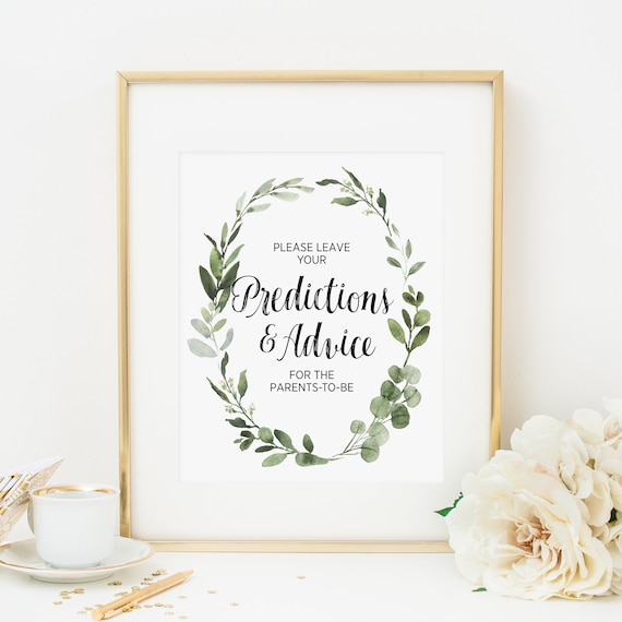 Greenery Please Leave Your Predictions and Advice Cards Here Sign, Printable, Eucalyptus Baby Shower Decoration, Botanical, Foliage 291