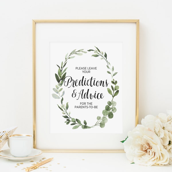 Greenery Please Leave Your Predictions and Advice Cards Here Sign, Printable, Eucalyptus Baby Shower Decoration, Botanical, Foliage 291