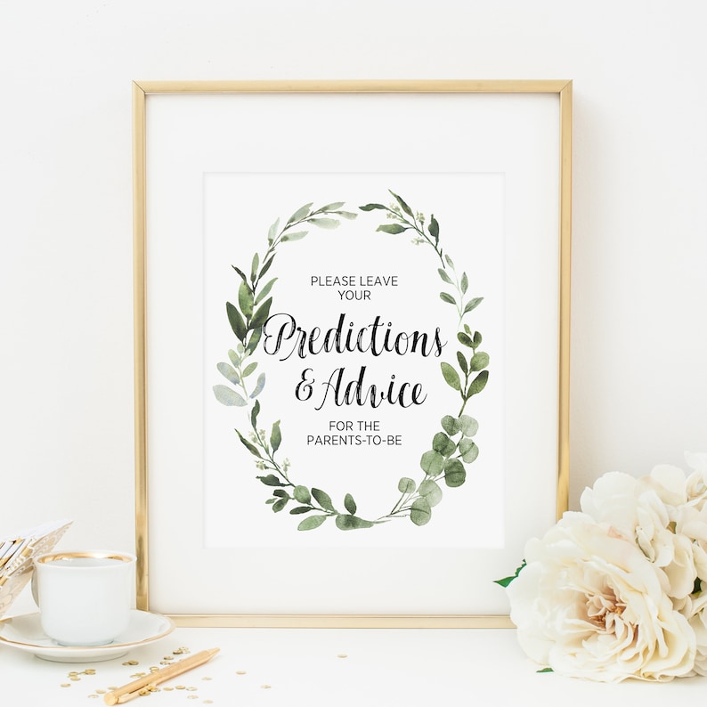 Greenery Please Leave Your Predictions and Advice Cards Here Sign, Printable, Eucalyptus Baby Shower Decoration, Botanical, Foliage 291 image 1
