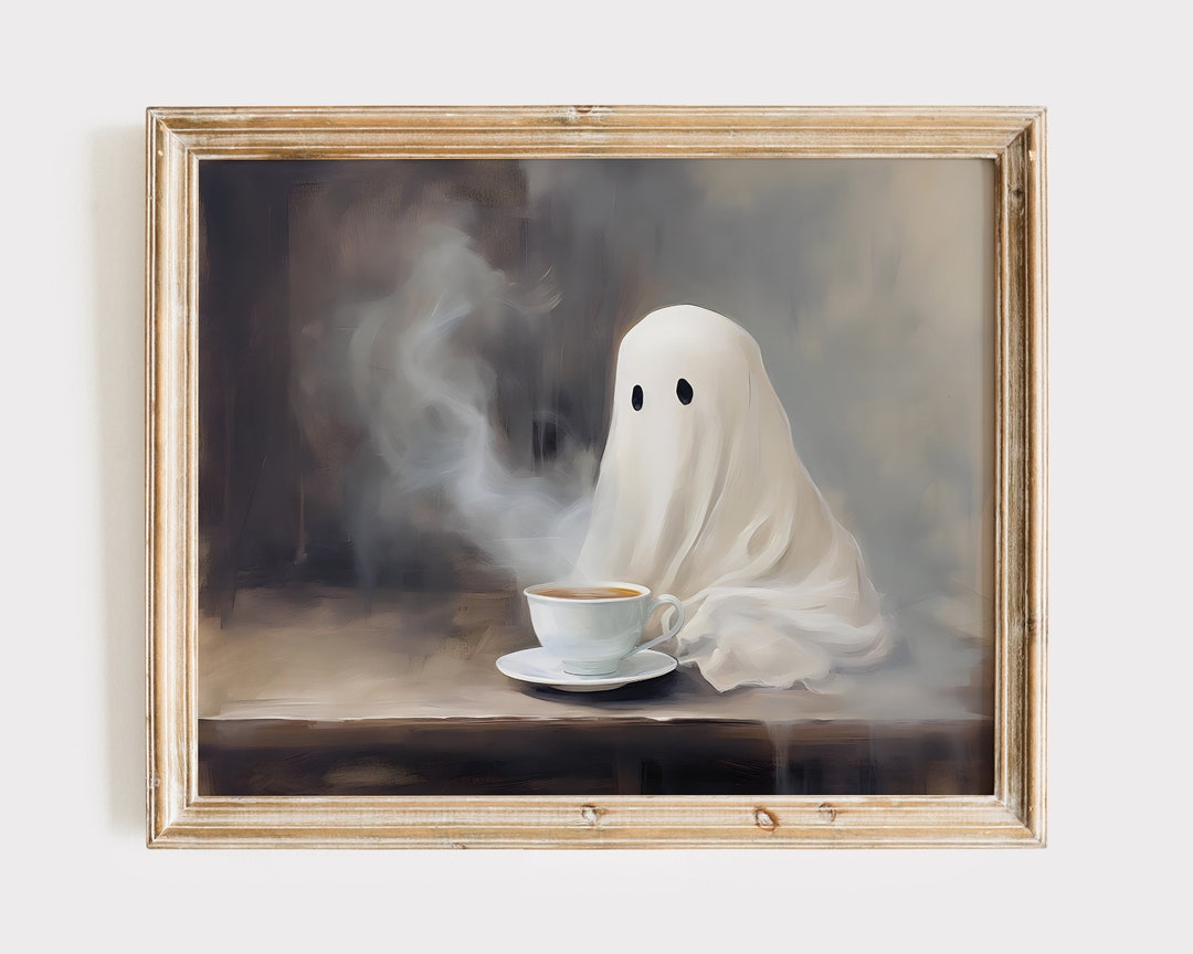 Ghost Painting Ghost Drinking Coffee Printable Art Cute Etsy
