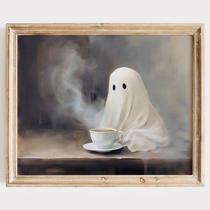 Geist Gemälde, Geist Trinkt Kaffee druckbare Kunst, niedliches Halloween Wohndekor, Kaffee Station Art, Dark Academia, Essecke Poster