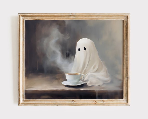 Ghost Painting, Ghost Drinking Coffee Printable Art, Cute