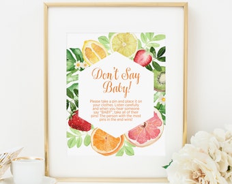 Tropical Fruit Don’t Say Baby Game Sign, Instant Download, Citrus Baby Shower Game, Shower Activity, Diaper Pin Game, Summer Fruit 177