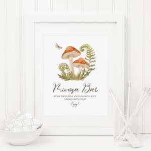 Letrero de barra con forma de hongo y mimosa, descarga instantánea, letrero para bebidas, decoración de baby shower con temática de bosque, vegetación forestal, mariposas, género neutro 282