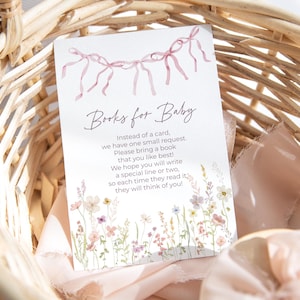 Modèle de carte pastel fleurs sauvages, livres pour bébé, carte d'insertion rose coquette noeuds invitation baby shower, demande de livre, carte bibliothèque bébé 285