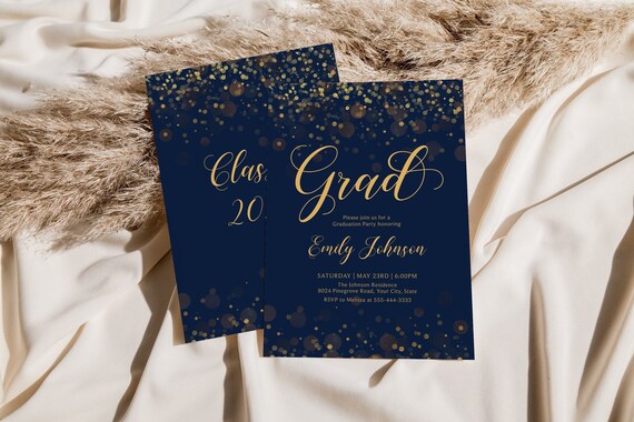 Modern Graduation Party Invitation Navy Blue and Gold Bokeh - Etsy