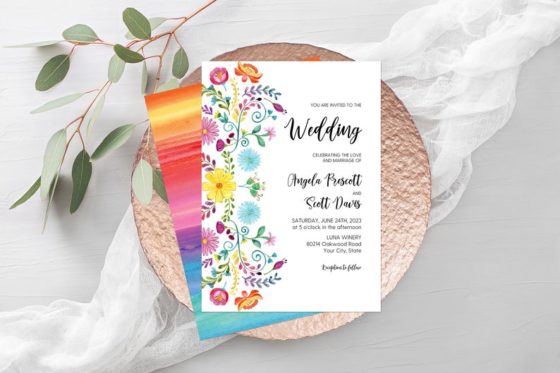 Mexican Floral Wedding Invitation, Fiesta Wedding Invite, Colorful Flowers, Destination Wedding, Southwestern, DIY Editable Template 353 image 1