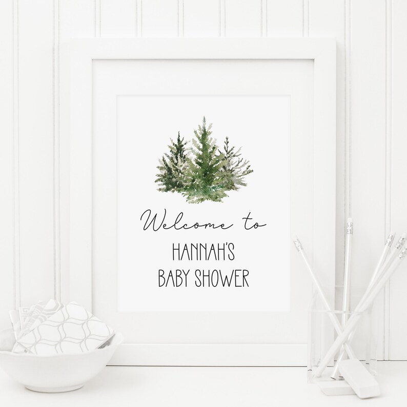 Christmas Bridal Shower Decor Party Decor 8x10 Forest Baby Shower Decoration Winter Evergreen Welcome Sign Editable Corjl Template 110