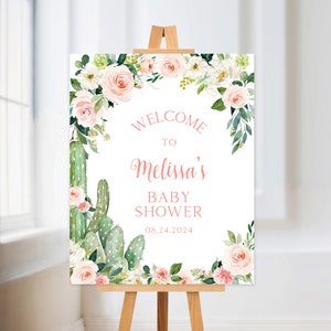 Rosa Blumen Willkommen Schild, 24x30, Willkommen Poster, Kaktus-Babyparty-Dekoration, Boho, Sukkulente, Fiesta, Blush, DIY bearbeitbare Vorlage 364