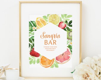 Tropical Fruit Sangria Bar Sign, Instant Download, Drinks Sign, Cocktail Sign, Citrus Bridal Shower Decoration, Baby Shower Sign 177