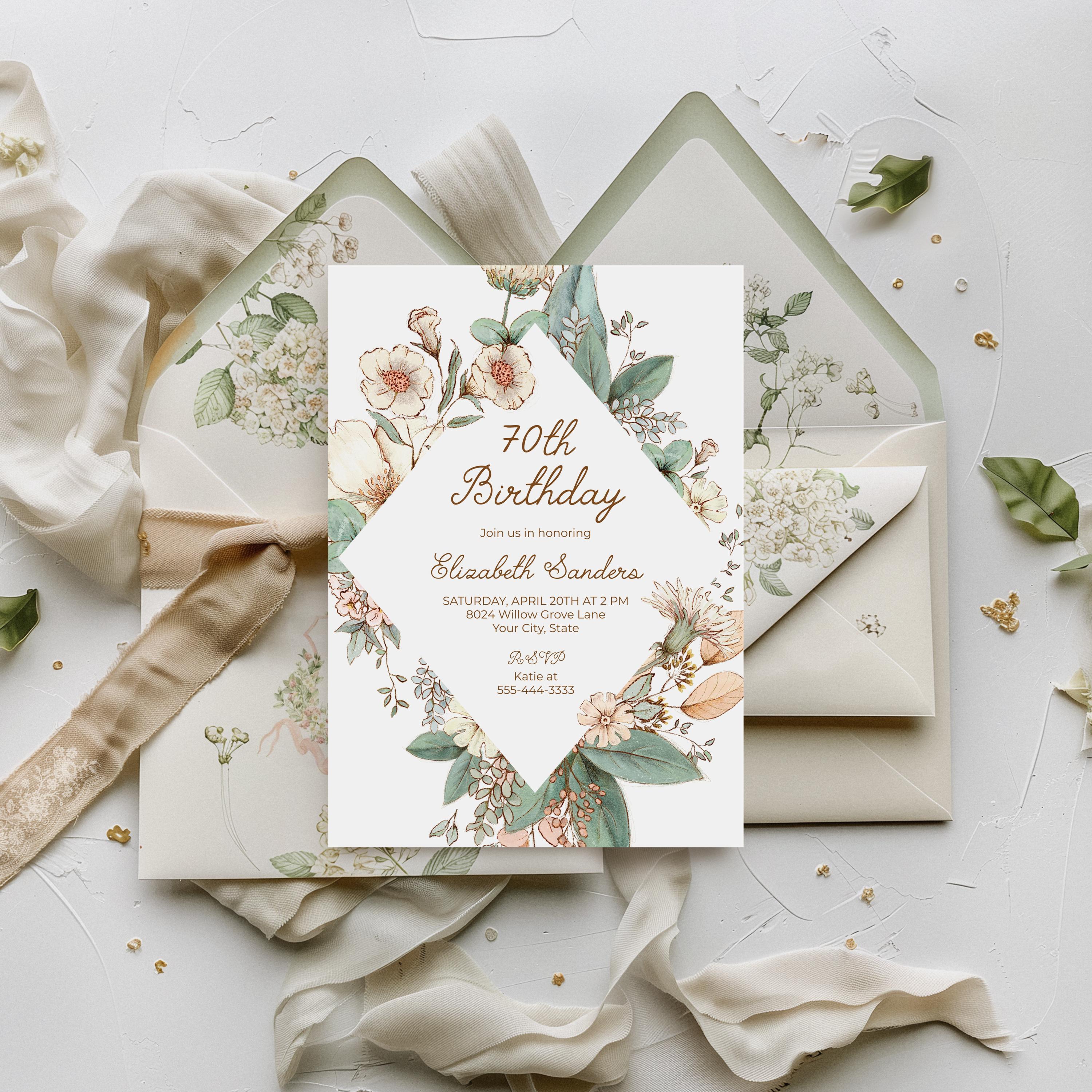 Wildflower 70th Birthday Party Invitation, Vintage Floral Woman's