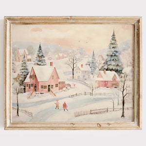 Winter Town Painting, Nostalgic Christmas Art Print, 50&#39;s Aesthetic, Old Fashioned Christmas Wall Art, Holiday Printable Art, Snowy Village
