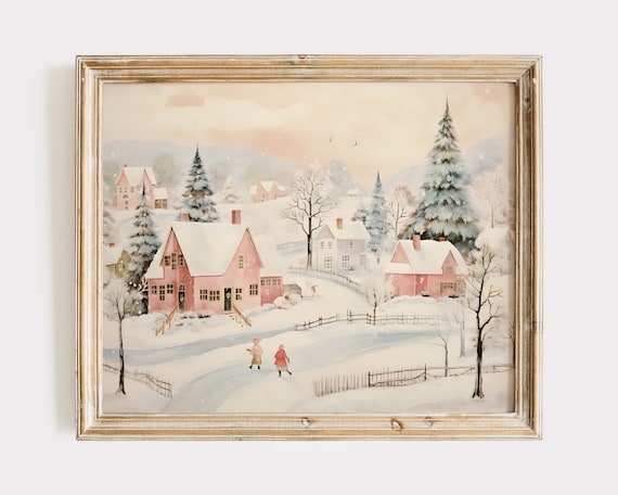 Winter Town Painting, Nostalgic Christmas Art Print, 50's