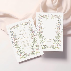 May include: Two wedding invitations with a floral border design. The top invitation has the text "Olivia & Michael" and the date "Saturday, June 24". The bottom invitation has the text "O&M" and the date "06.24.2023".