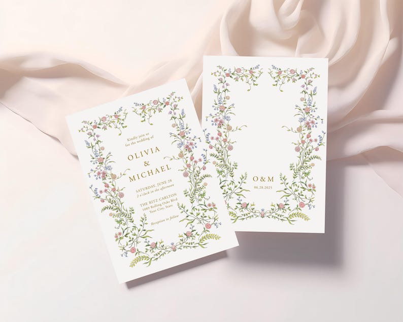 May include: Two wedding invitations with a floral border design. The top invitation has the text "Olivia & Michael" and the date "Saturday, June 24". The bottom invitation has the text "O&M" and the date "06.24.2023".