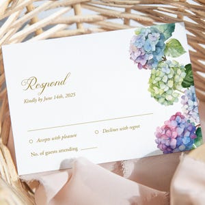 Carte RSVP mariage hortensias, carte réponse Cottagecore, carte réponse fleurs jardin, faire-part de mariage à intercaler, modèle modifiable DIY 409