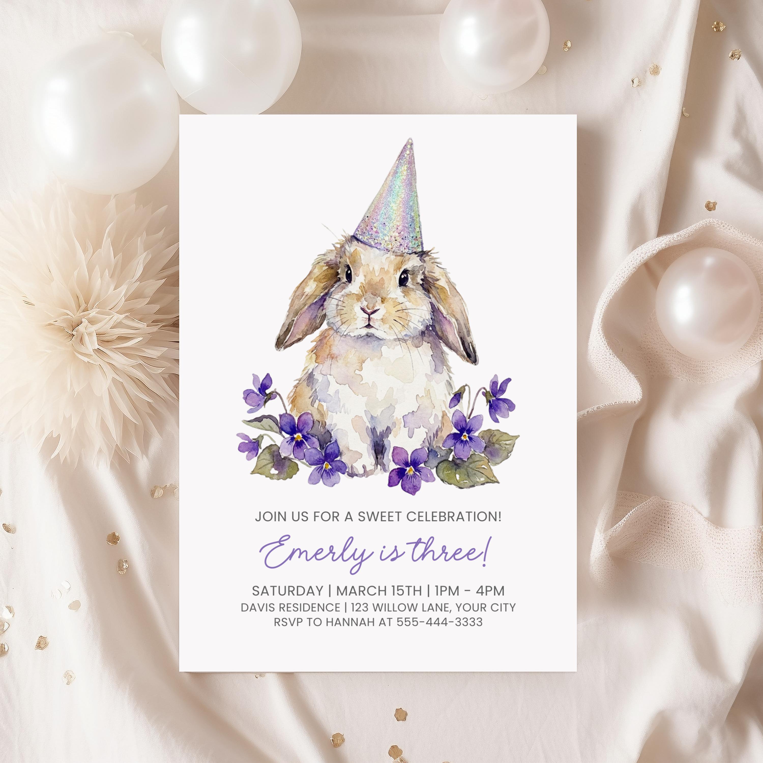 Bunny Birthday Corjl Invitation Template, Watercolor Rabbit Party ...