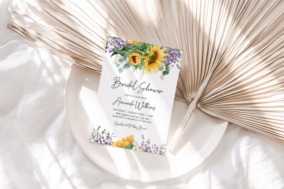 Sunflower Bridal Shower Invitation, Rustic Bridal Brunch Invite, Lavender, Country Shower, DIY Editable Template 148
