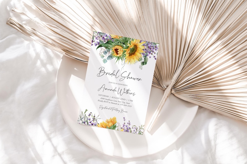 Invitación para despedida de soltera con girasoles, invitación rústica para brunch nupcial, lavanda, despedida de soltera campestre, plantilla editable DIY 148 imagen 1