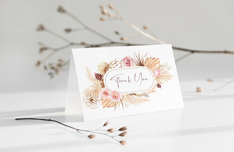 Pampas Grass and Pink Rose Thank You Card Boho Thank You Note Tropical Floral Wedding Thank You Editable Corjl Template 113 Dried Flowers