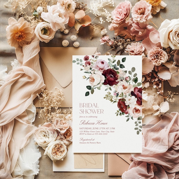 Burgundy Floral Bridal Shower Invitation Template, Editable Corjl Wedding Shower Invite, Maroon Garden Rose Digital Card 303