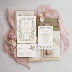 May include: A set of wedding invitations with a floral design. The invitations are white with gold lettering and feature a wreath of flowers and greenery. The text on the invitations reads "Kindly join us for the wedding of Olivia & Michael Saturday, June 18th at 4:00 PM The Ritz Carlton  [address]  Reception to follow  RSVP by May 1st [phone number]  [website]"