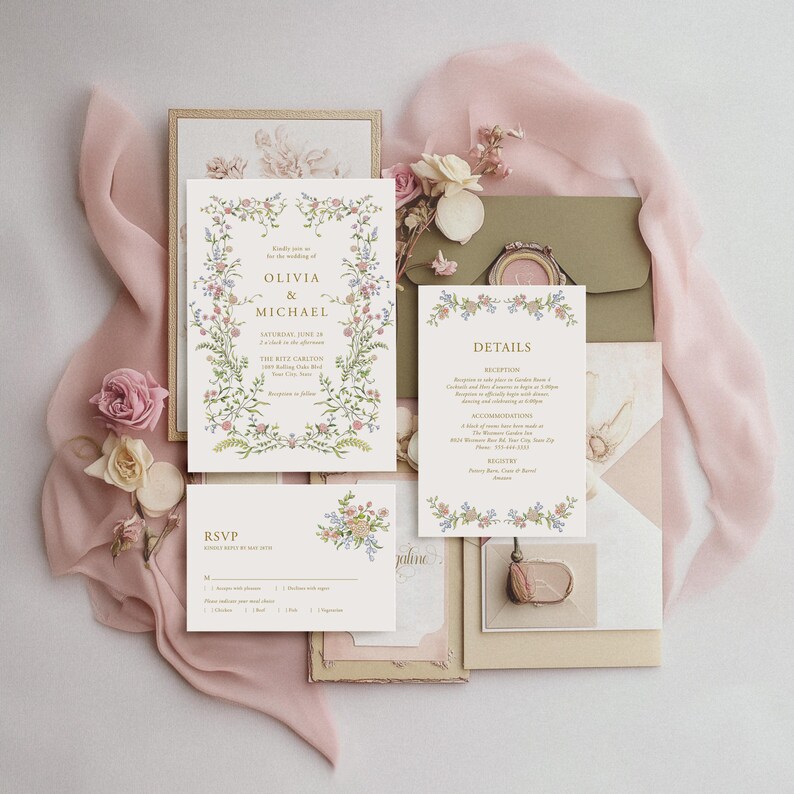 May include: A set of wedding invitations with a floral design. The invitations are white with gold lettering and feature a wreath of flowers and greenery. The text on the invitations reads "Kindly join us for the wedding of Olivia & Michael Saturday, June 18th at 4:00 PM The Ritz Carlton  [address]  Reception to follow  RSVP by May 1st [phone number]  [website]"