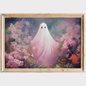 Pintura de fantasmas con flores rosas, arte imprimible de Halloween en colores pastel, estética vintage, arte de pared para dormitorio femenino, margaritas retro