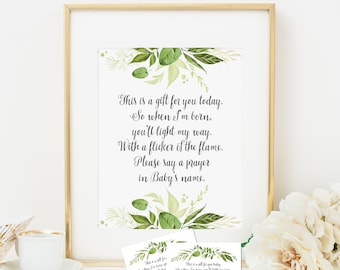 Greenery Burn This Candle Printable Green Foliage Baby Shower Tea Light Favor Tag Say A Prayer In The Babies Name Shower Candle Tag