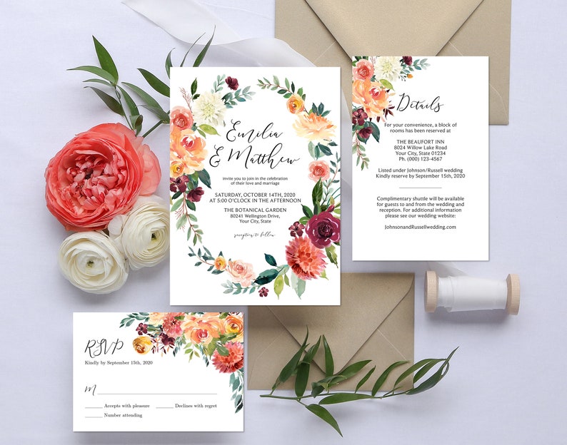 Peach Floral Corjl 204 Burgundy Flowers Autumn Coral Floral Wedding Suite Boho Wedding Invitation Fall Wedding Editable Template